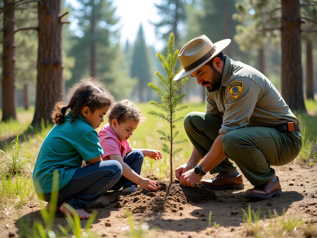 Family participating in forest conservation activity in San Bernardino Mountains
