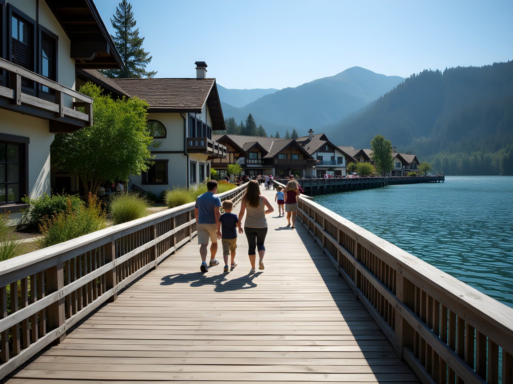 Families enjoying Lake Arrowhead Village waterfront with mountain backdrop