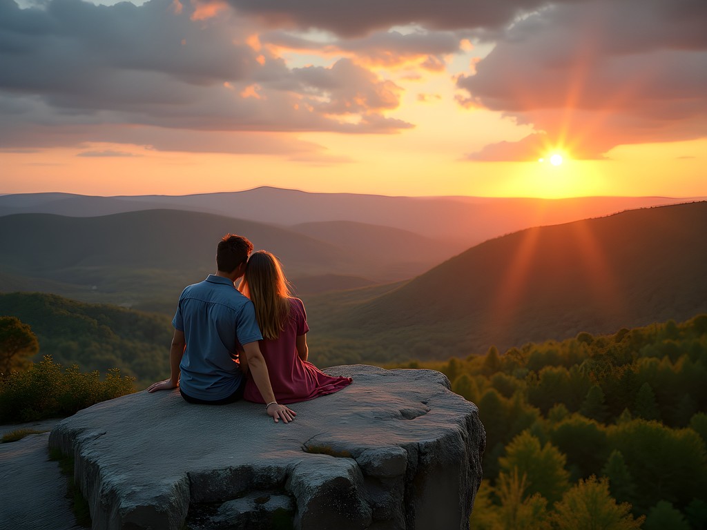 Couple enjoying sunset view from Deer Leap rock outcropping in Rutland Vermont