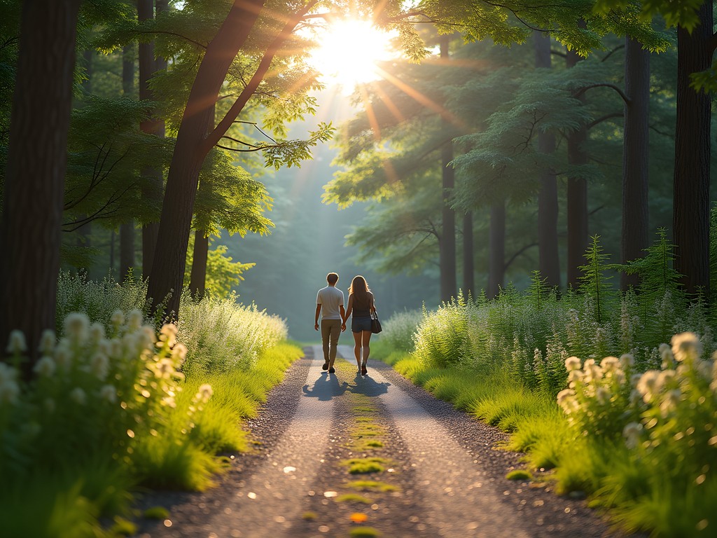 Accessible trail through Pine Hill Park with couple enjoying forest scenery