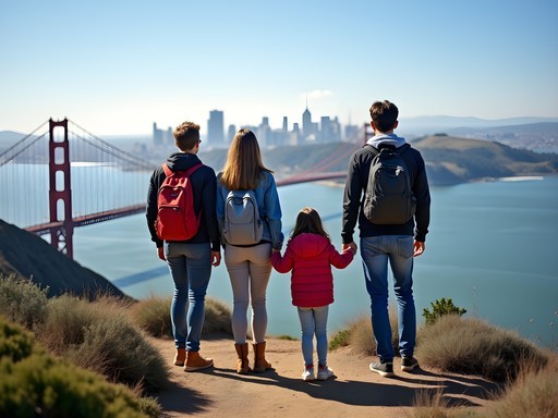 Family enjoying panoramic view from Mount Livermore summit on Angel Island with San Francisco skyline in background