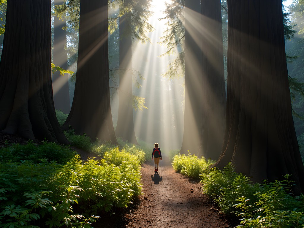 Sunlight filtering through redwood trees on Dipsea Trail with family hiking in distance