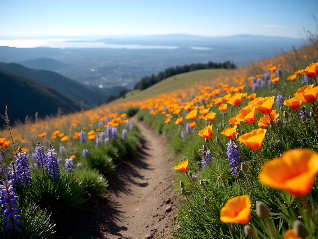 Hiking trail on Mount Diablo with vibrant spring wildflowers and panoramic Bay Area views