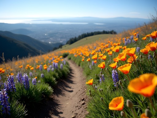 Hiking trail on Mount Diablo with vibrant spring wildflowers and panoramic Bay Area views