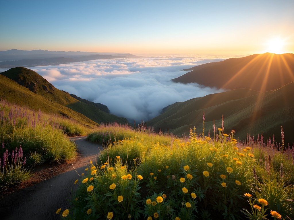Panoramic coastal view from Mount Tamalpais trail with spring wildflowers in foreground