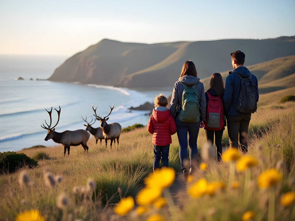 Family watching Tule Elk herd on Tomales Point Trail with Pacific Ocean backdrop