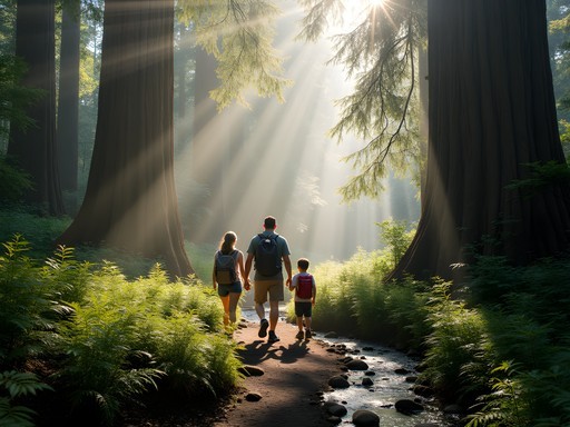 Family hiking through sunlit redwood forest along Purisima Creek Trail