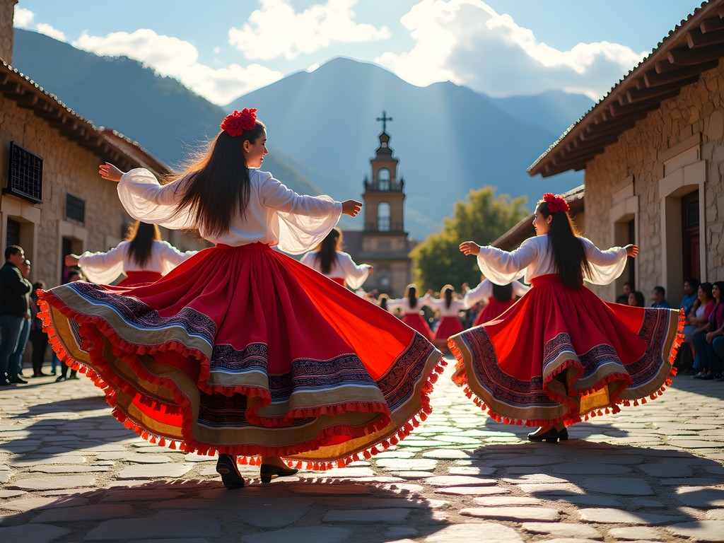 Traditional dancers performing in mountain village with Aconquija backdrop
