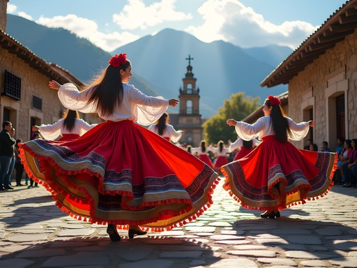 Traditional dancers performing in mountain village with Aconquija backdrop