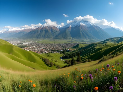 Panoramic view of Tafí del Valle with wildflowers and Aconquija Mountains
