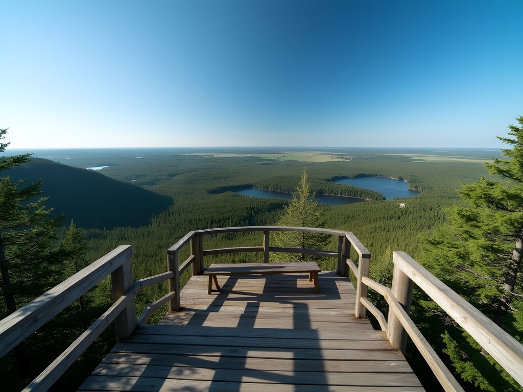 Panoramic view from Duck Mountain observation tower showing rolling forested hills and lakes