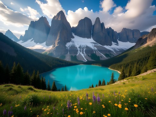 Panoramic view of jagged North Cascades peaks with alpine meadow and turquoise lake