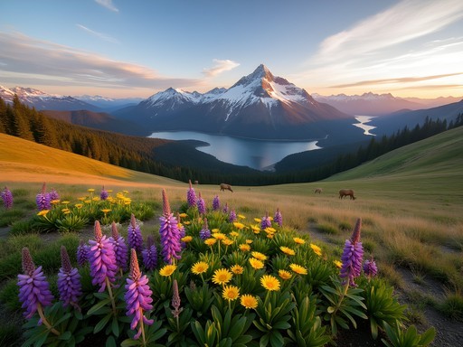 Alpine wildflower meadow with Olympic Mountains and distant Pacific Ocean view