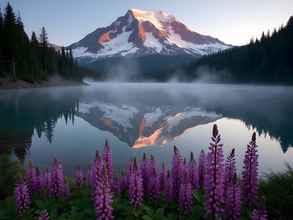 Mount Rainier reflecting perfectly in alpine lake at sunrise with wildflowers in foreground