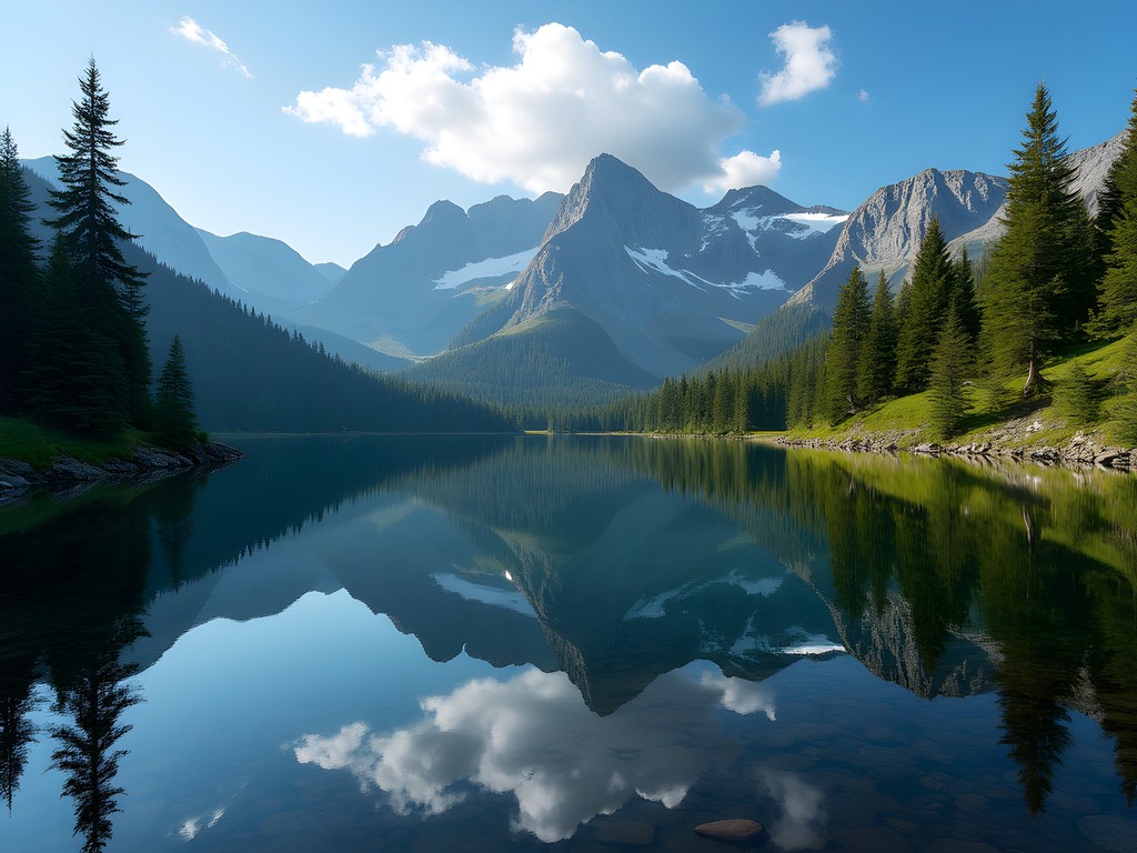 Crystal clear Snow Lake reflecting mountain peaks with subalpine trees