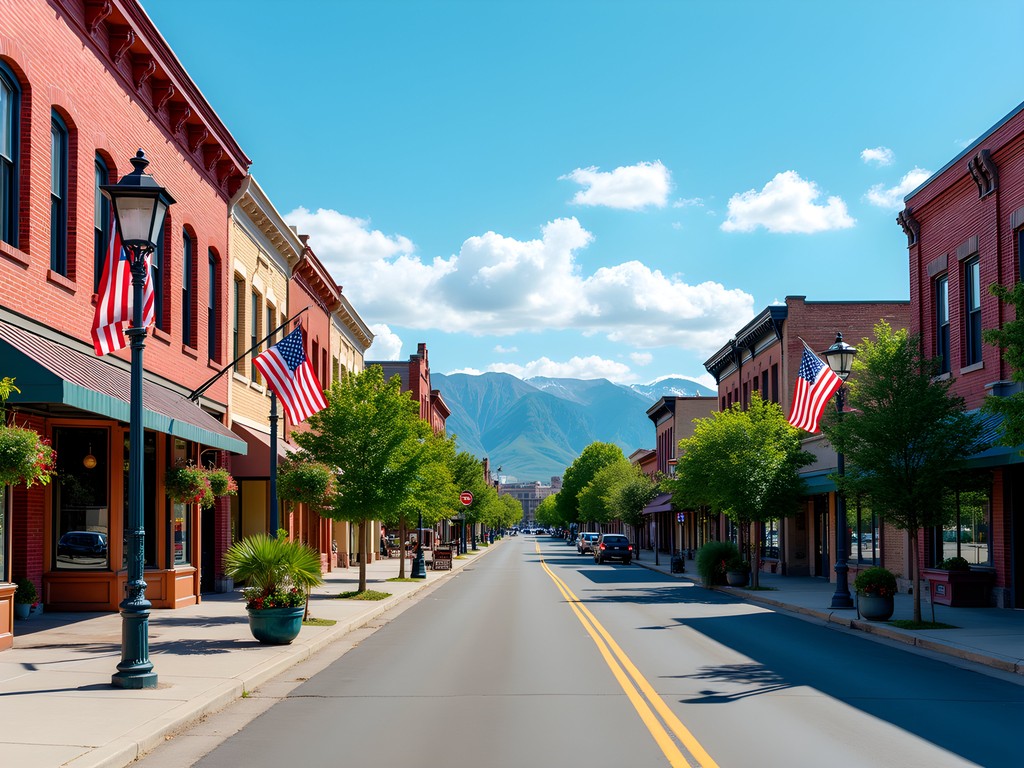 Historic red brick buildings along Sheridan's Main Street with Bighorn Mountains in the background
