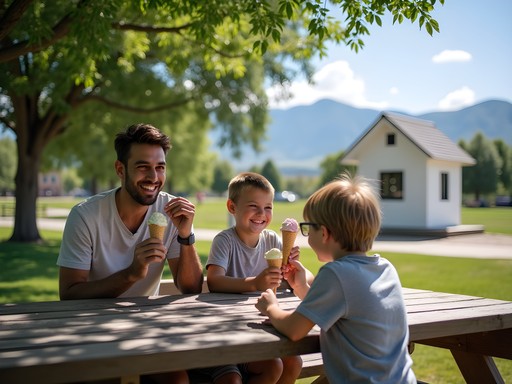 Family enjoying ice cream at Kendrick Park with mountain views and bison enclosure