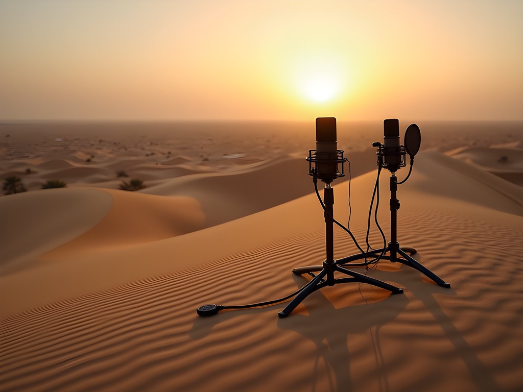 Audio recording equipment set up on sand dunes at dawn in Siwa with dramatic light
