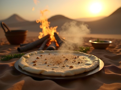 Traditional Siwan vegan meal being prepared over desert campfire with mountains in background
