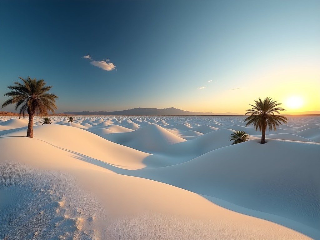 Salt mountains of Siwa Oasis glowing golden at sunset with palm trees in foreground