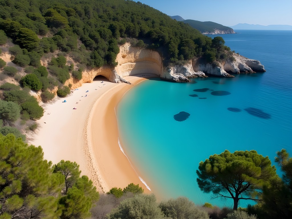 Secluded Mandraki Bay beach accessible only by hiking trail in Skiathos