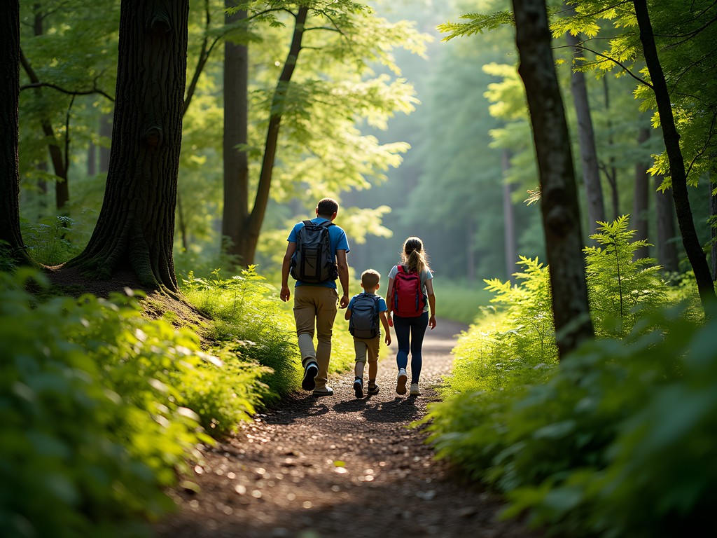 Family hiking through lush green forest trail in Vermont Green Mountains during summer