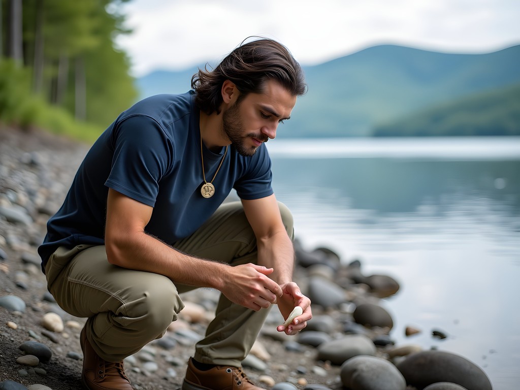 Wildlife biologist examining aquatic ecosystem at Lake Champlain shoreline in Vermont