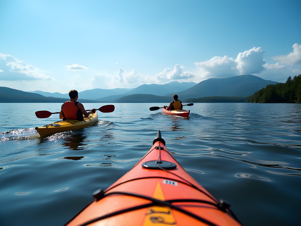 Kayakers paddling on calm Lake Champlain waters with Green Mountains in background Vermont