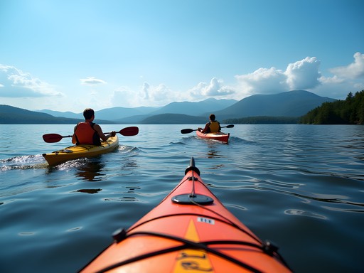 Kayakers paddling on calm Lake Champlain waters with Green Mountains in background Vermont