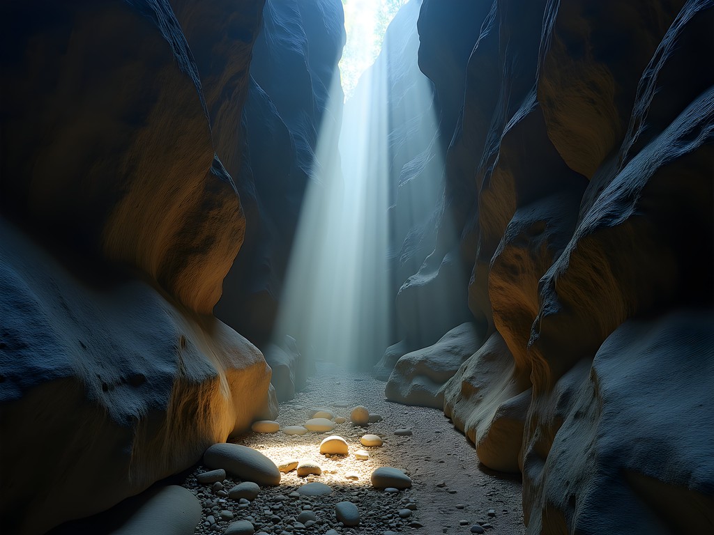 Narrow limestone passage in Eleventh Hour Gulch with dramatic light rays