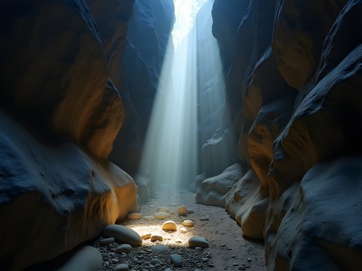 Narrow limestone passage in Eleventh Hour Gulch with dramatic light rays