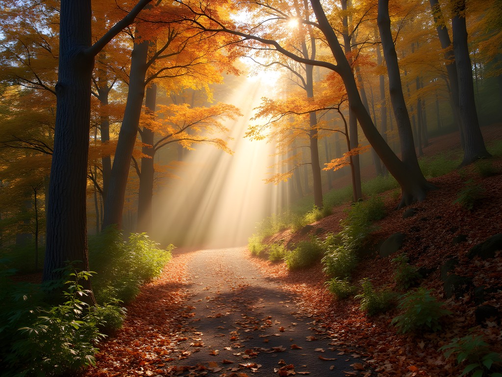 Sunlight streaming through colorful fall foliage on Aldis Hill trail