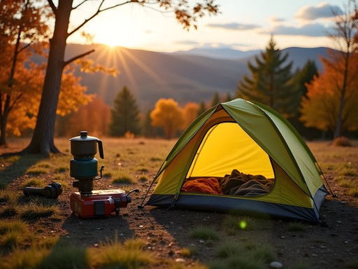 Budget camping setup near St. Albans with fall foliage and mountains in background