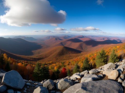 Panoramic view from Cold Hollow Mountains summit showing layers of mountains and fall foliage