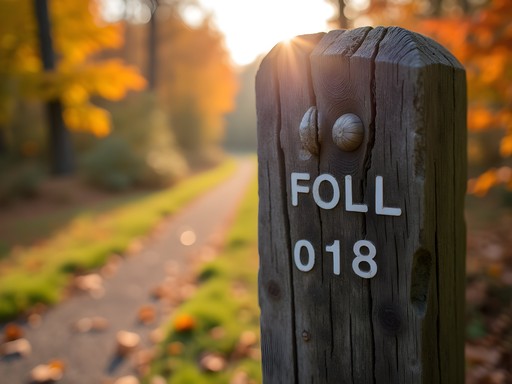Historical trail marker on hiking path surrounded by fall foliage in St. Albans Vermont