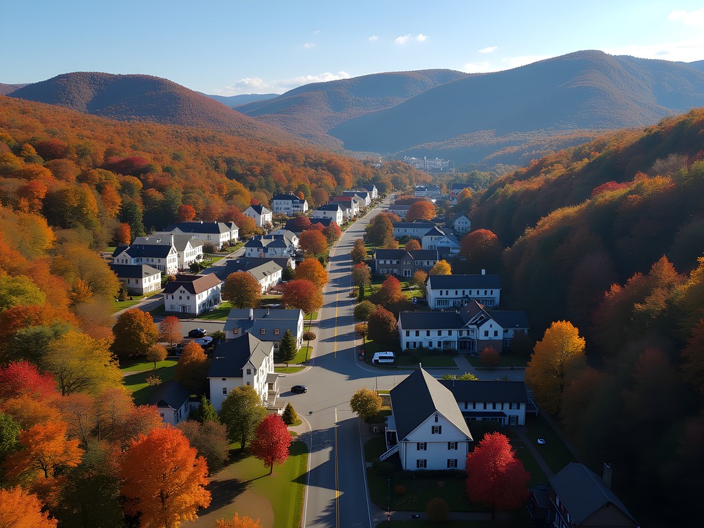 Aerial view of St. Albans Vermont with autumn foliage and mountains in background
