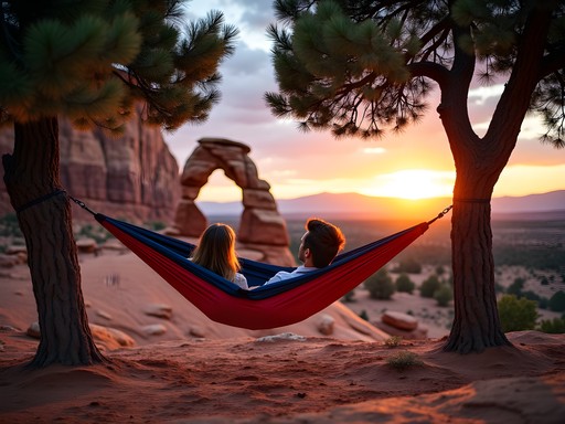 Couple in hammock watching sunset at Elephant Arch near St. George