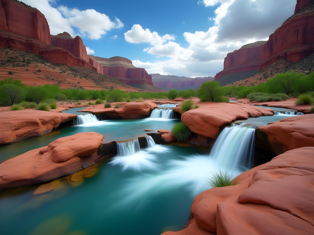 Cascading red rock waterfalls at Gunlock Falls during spring runoff near St. George