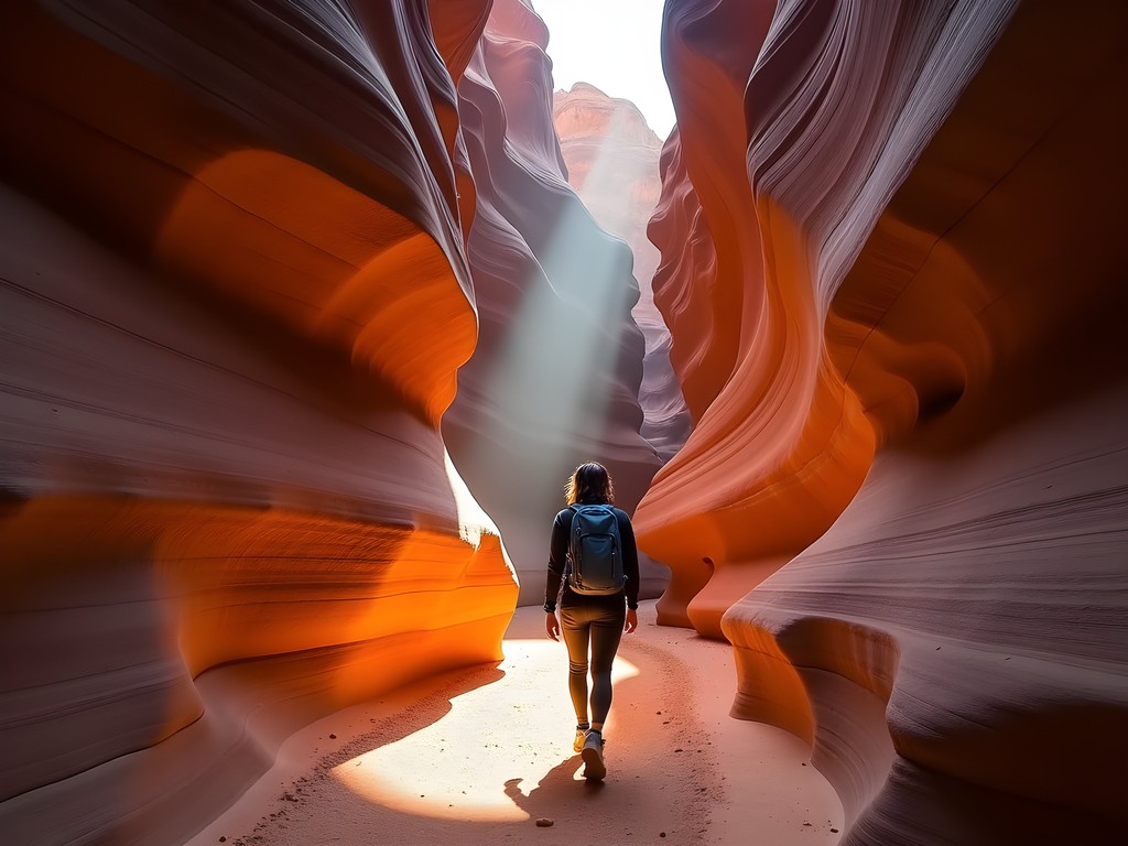 Narrow slot canyon section on Red Mountain Trail with filtered light from above
