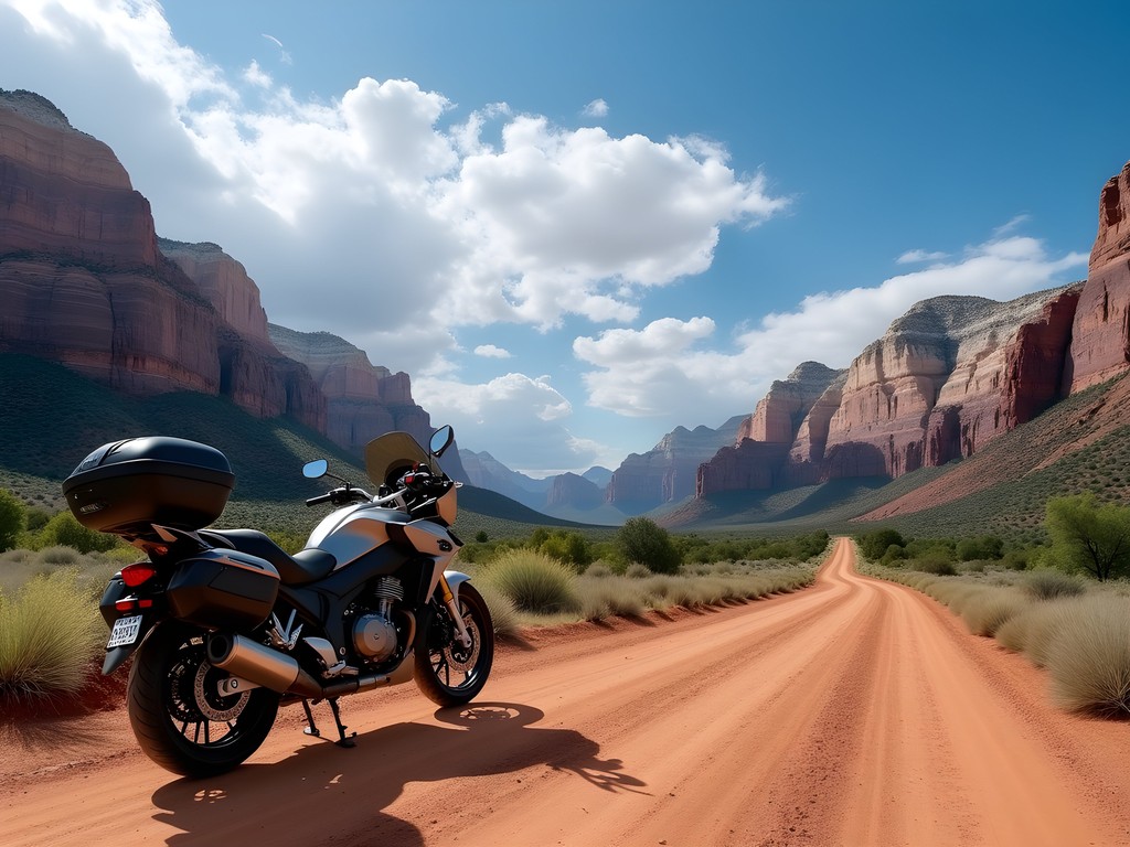 Couple on motorcycle viewing Zion National Park from Smithsonian Butte Scenic Backway