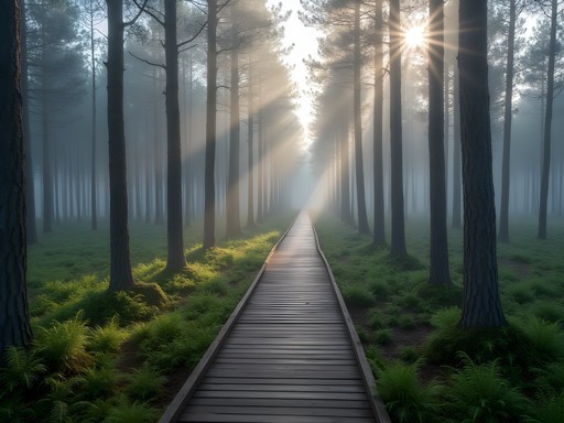 Wooden boardwalk through misty pine forest in Elva-Vitipalu recreation area, Estonia