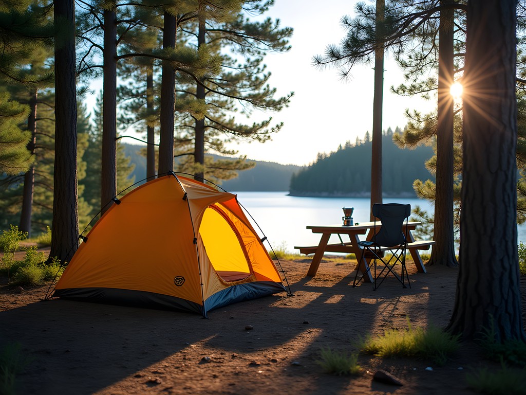 Campsite setup at Marie Louise Lake Campground with tent and cooking area