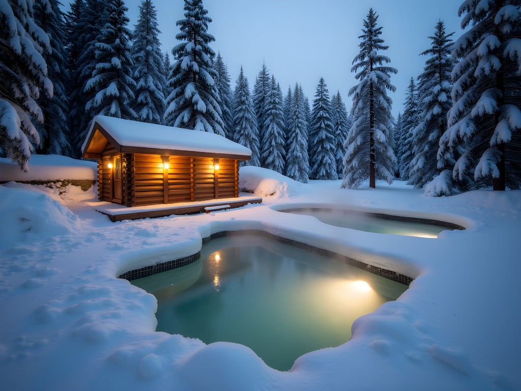 Cedar Meadows Resort Nordic spa with steaming hot pools surrounded by snow