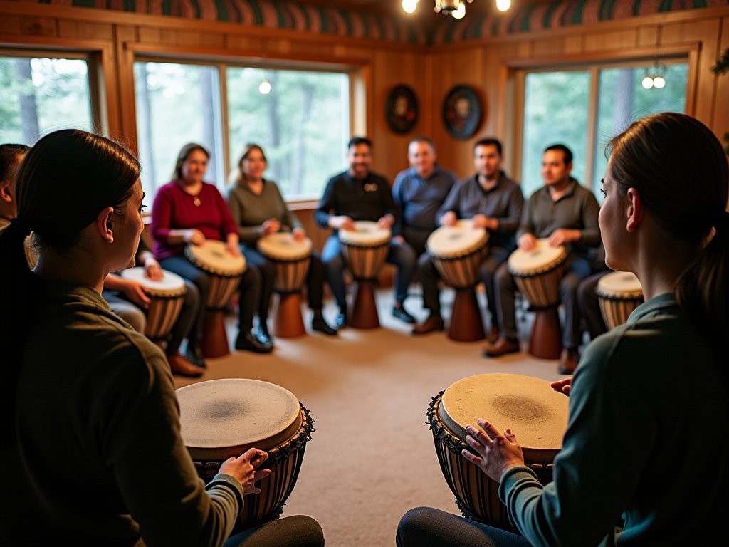Traditional drum circle performance at cultural center in Timmins