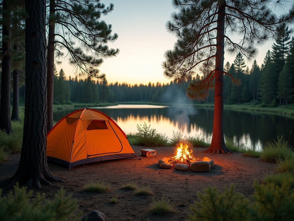 Tent camping near a kettle lake in Timmins boreal forest