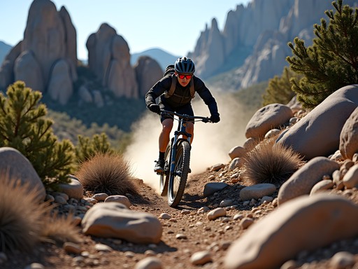 Mountain biker riding technical singletrack through granite formations at City of Rocks Idaho