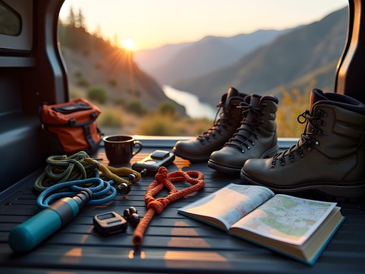Adventure gear organized at basecamp in Twin Falls Idaho with Snake River Canyon in background