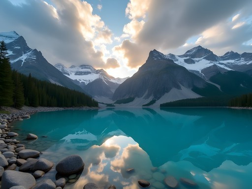 Vibrant turquoise waters of Laguna Esmeralda surrounded by snow-capped mountains