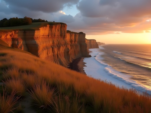 Dramatic 60-foot bluffs overlooking Lake Michigan at Fort Sheridan Forest Preserve during fall sunset
