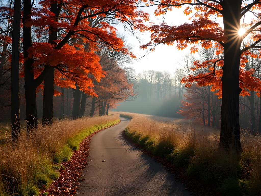 Autumn trail through Lyons Woods Forest Preserve showing gentle hills and colorful fall foliage